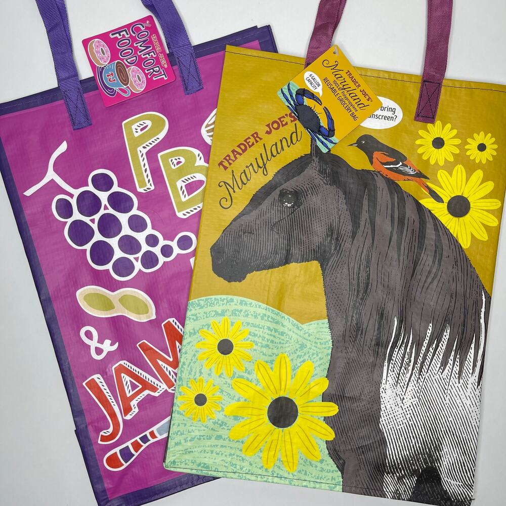 Set of 2! Trader Joe’s Illustrated Reusable Tote Bags COMFORT FOOD + MARYLAND MD